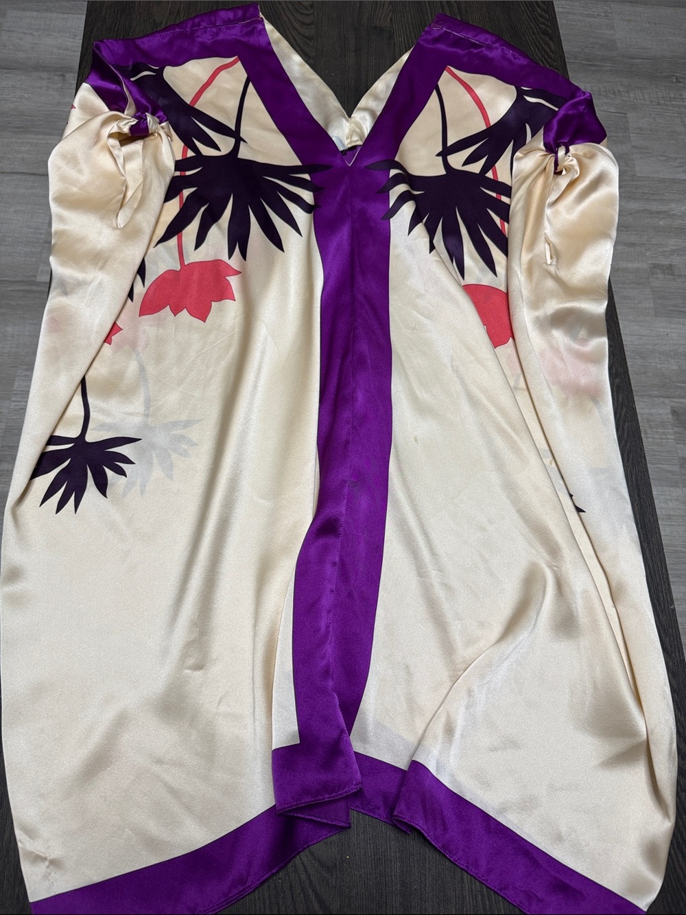 Purple-Trim Floral Satin Tunic Shirt - Dress 100% Silk